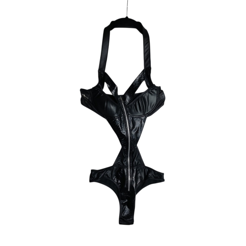 Black Faux Leather Halter Bodysuit